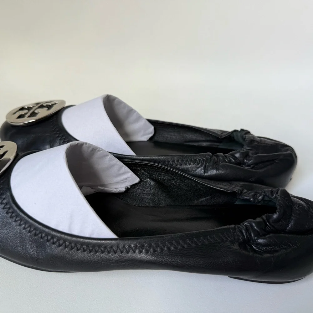 Tory Burch Black Leather Logo Medallion Flats